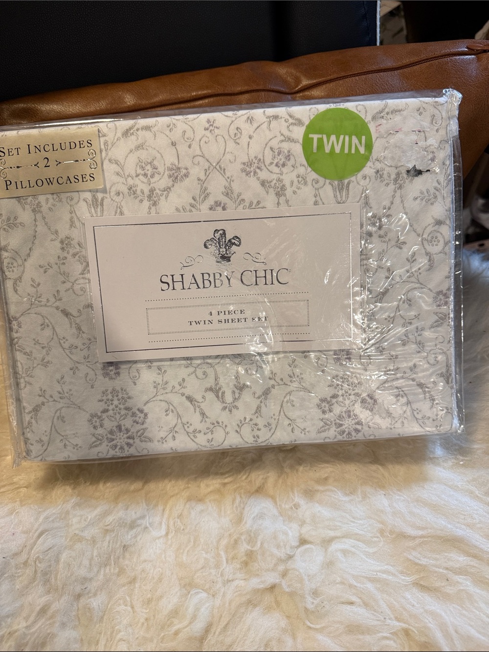 Shabby Chic Twin Sheet Set in White and Gray Scroll Floral paisley